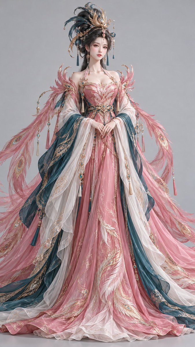 Elegant 3D Oriental Fantasy Woman in Fei-Hued Phoenix Robe Stands Proud