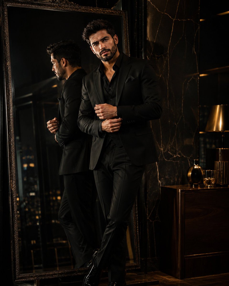 Sharp-suited man adjusts cufflink before a mirror in dark penthouse