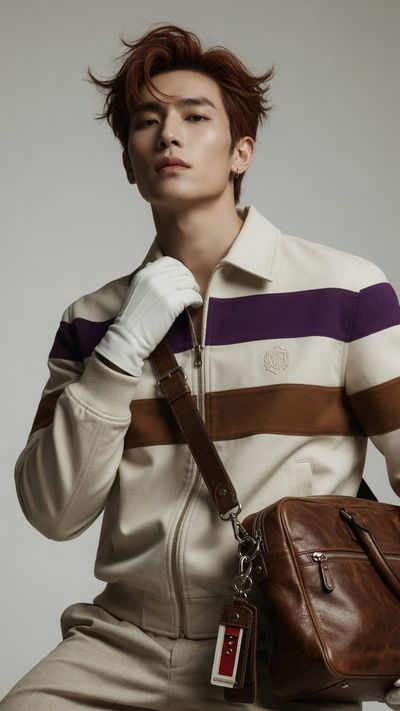 A confident model in a purple and brown jacket gazes intently forward.