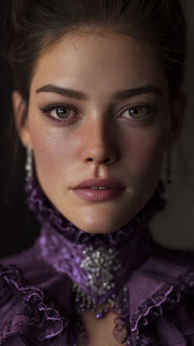 A woman with luminous brown eyes wears an ornate purple Victorian dress.
