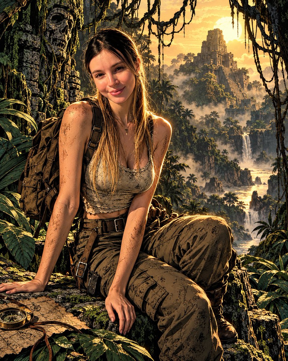 Explorer Stands in Dense Jungle as Ancient Temple Emerges from Mist