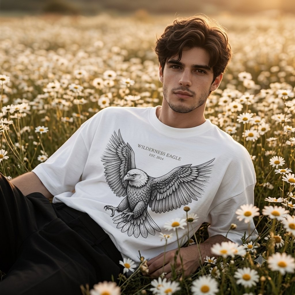 Male model relaxes in daisy field wearing oversized white tee