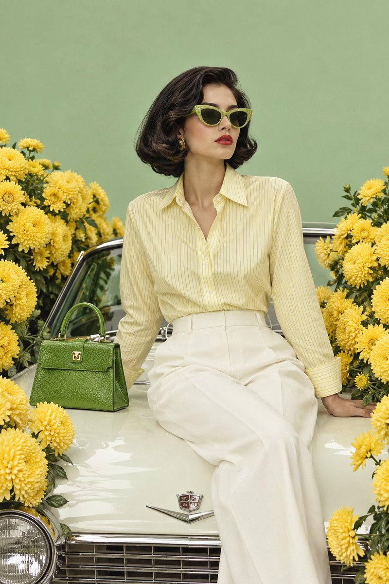 Retro Glamour Portrait of Woman on Vintage Cream Car with Yellow Flowers