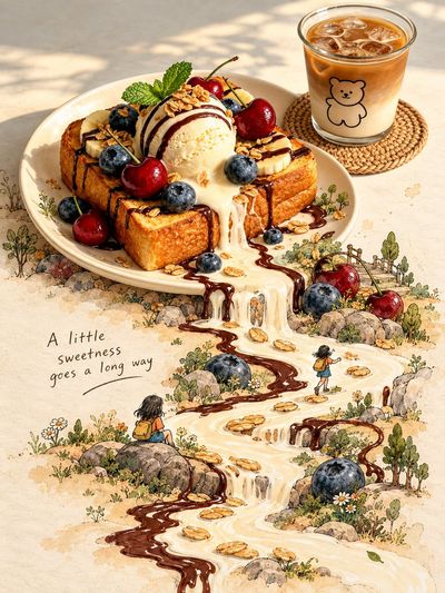 Photorealistic Feast Melts into Whimsical Hand-Drawn Storybook Landscape