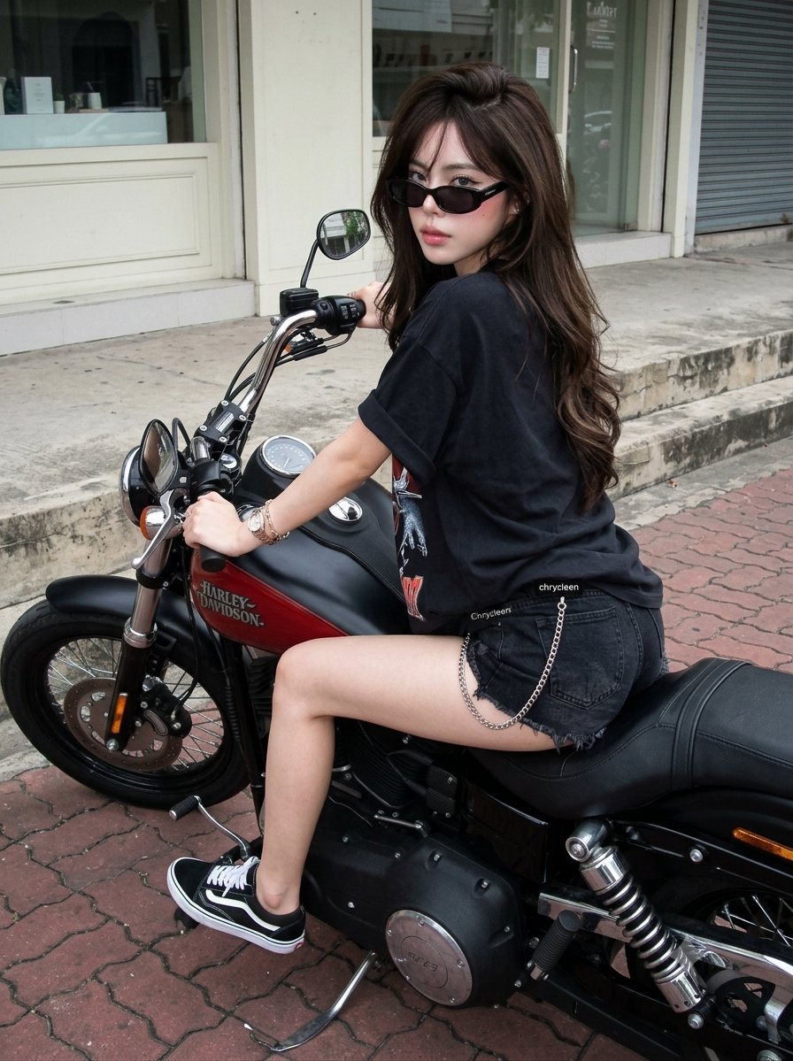 Sultry woman with grey contacts glances back on parked Harley