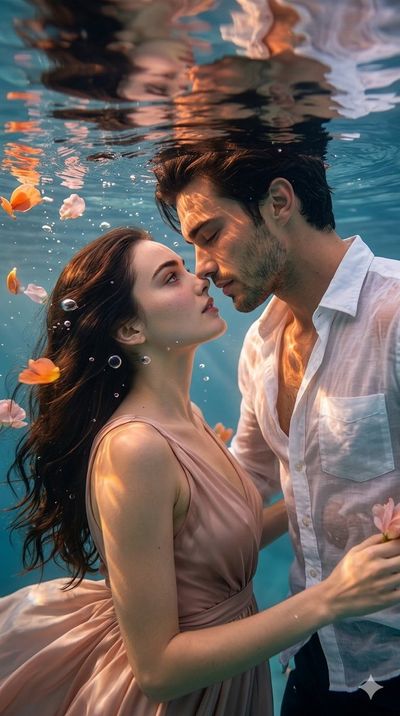 A couple floats underwater in a dreamy golden-lit kiss