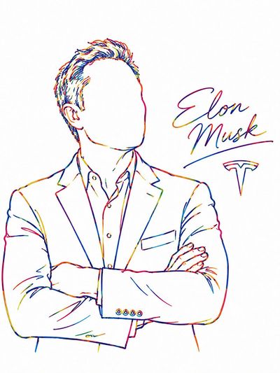 Neon rainbow line art portraits of four tech icons on white