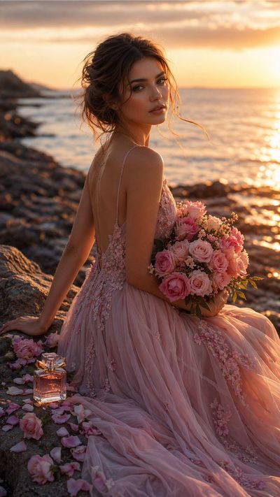 Golden Hour Portrait: Luxury Perfume Elegance by the Seaside