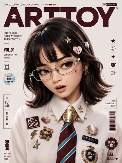 A designer toy portrait with glossy finish and bold typography.