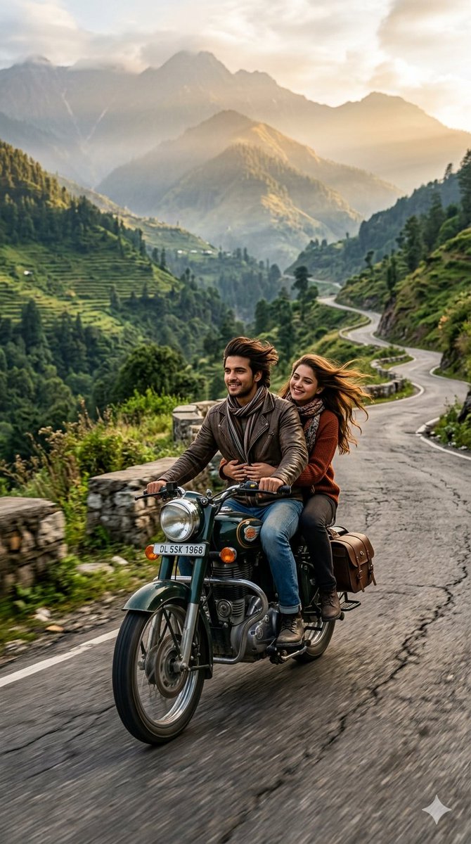 A couple rides a Bullet motorcycle through misty mountain roads