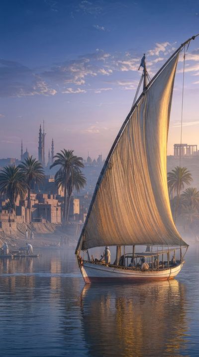 Soft golden sunrise illuminates a felucca sail on the Nile.