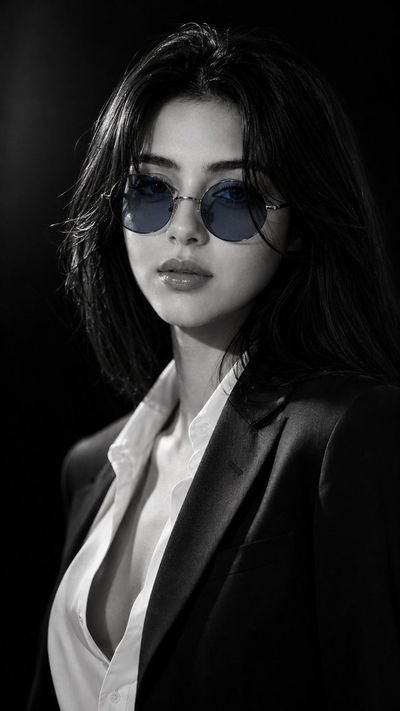A monochrome fashion portrait with blue-tinted sunglasses and a tailored blazer