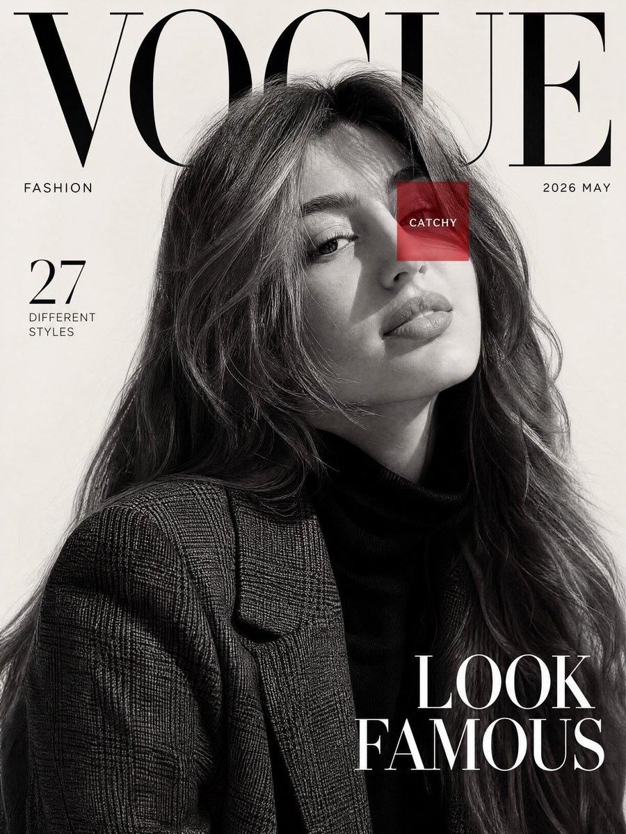 A confident model in a plaid blazer stares upward for Vogue
