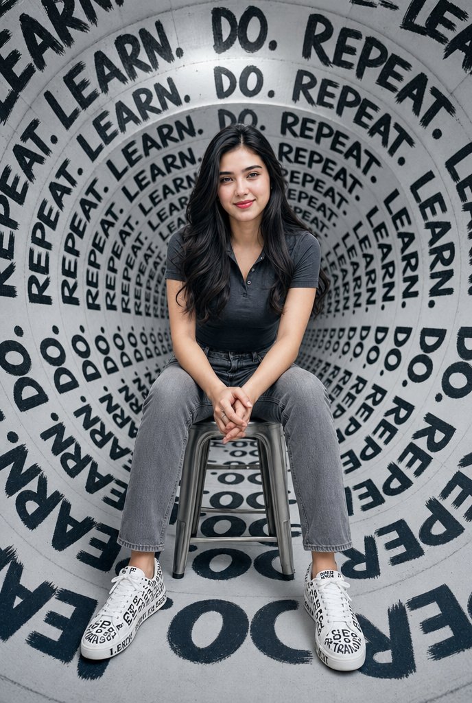 Confident woman in a typography tunnel poses for a fashion portrait