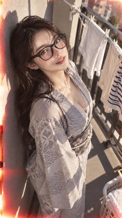 Sunrise balcony portrait of Korean woman in yukata with wet hair
