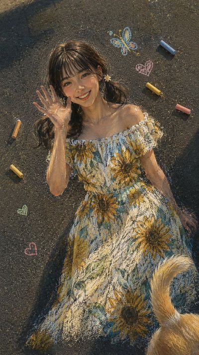 Sunlit woman waves from chalk art on textured asphalt street