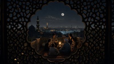 A family gathers by lantern light through carved mashrabiya screen