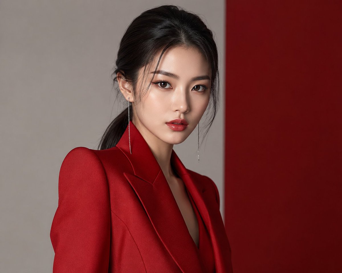 A woman in a red tailored suit poses with silver earrings