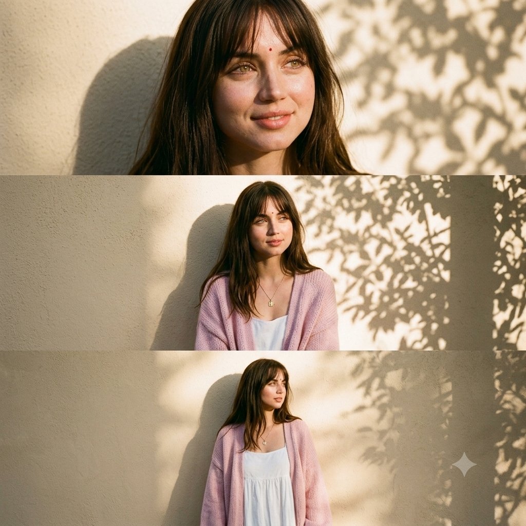 Golden sun rays cast leaf shadows on a woman in pastel knit