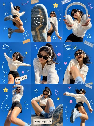 Young woman in oversized sweater captures summer joy in playful photo collage.