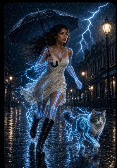 Woman with lightning skeleton runs through rainy city night