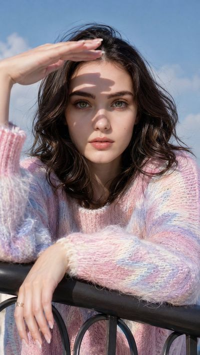 Young woman in pink sweater leans over railing under sunny sky.
