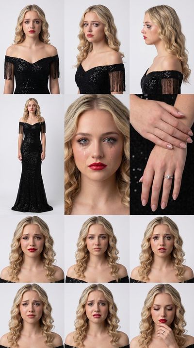 A stunning character sheet reveals a heartbroken blonde in a sequined gown.