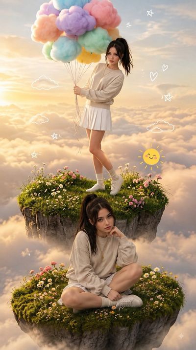 Young woman floats on grassy island holding pastel cloud balloons