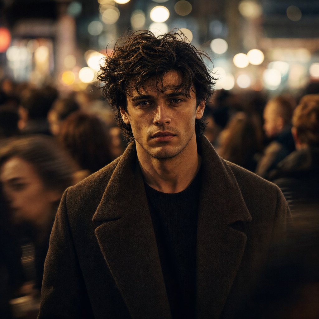 A man in an overcoat walks through a neon-lit street at night.