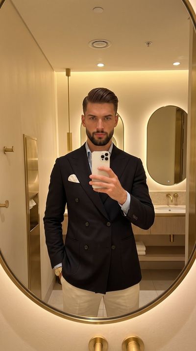 Elegant man in black blazer takes a mirror selfie in a luxurious dressing room.