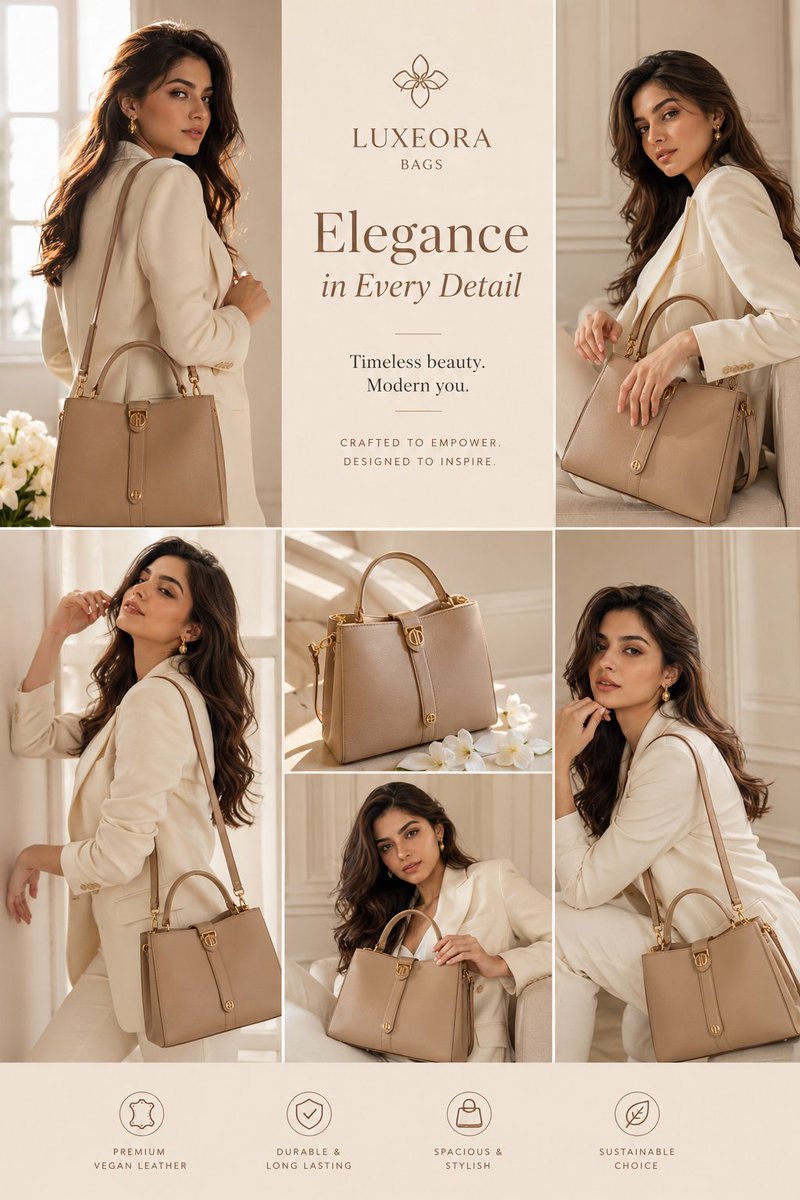 Elegant model poses with luxury handbag in warm beige studio