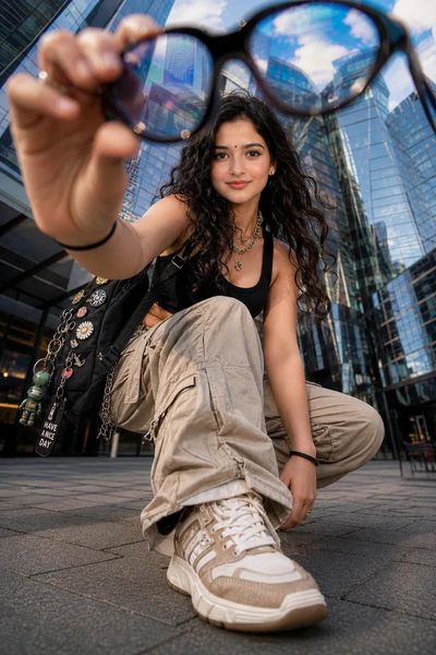 Young woman crouches in futuristic plaza with glass skyscrapers looming above