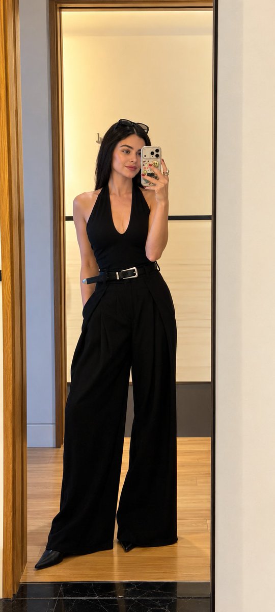 Elegant Woman Captures Full-Body Mirror Selfie in Modern Luxury Interior
