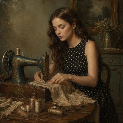 A delicate lady sews fabric on a vintage machine