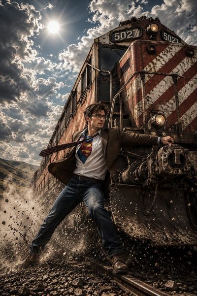 A determined man stops a speeding locomotive on active railway tracks
