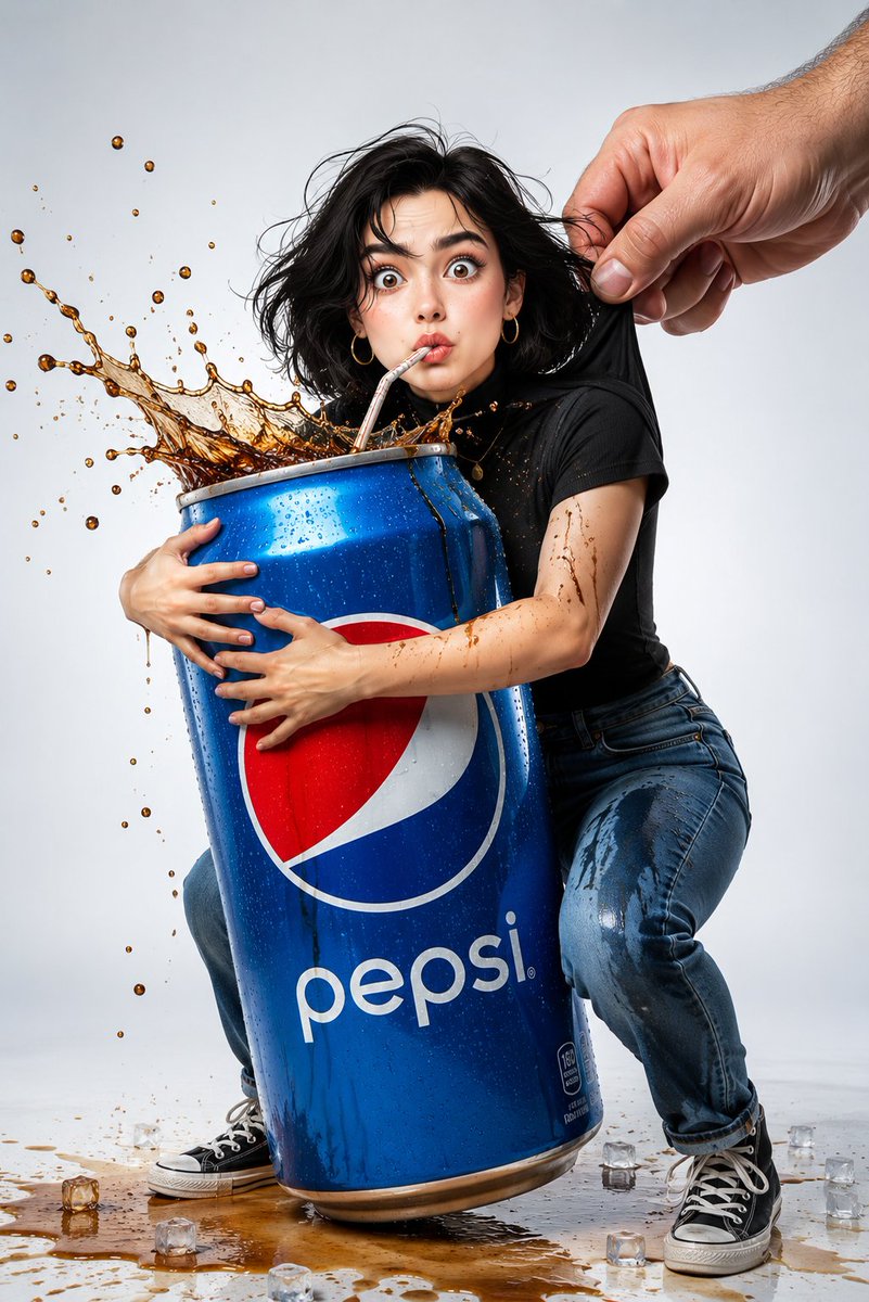 A windblown girl fiercely guards her oversized Pepsi can
