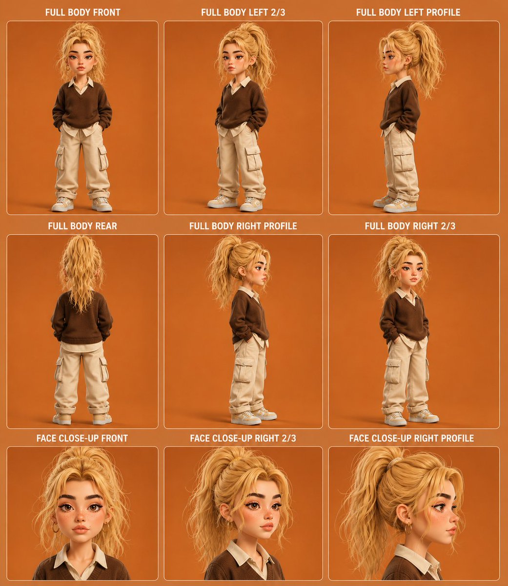A beautiful blonde girl poses in a Pixar turnaround sheet