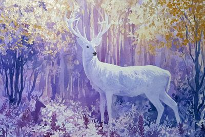 A magical deer wanders through a vibrant watercolor forest