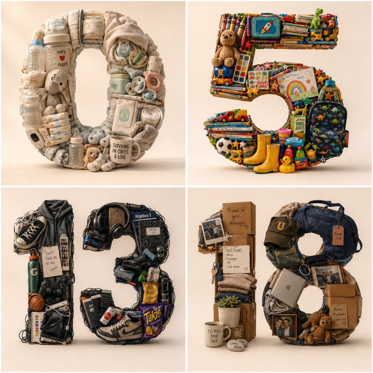Parenting numerals 0, 5, 13, 18 tell a story of growth