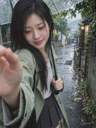 Rainy Korean alleyway stroll captured in soft cinematic 35mm film style
