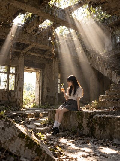 Sunbeams Pierce Broken Roof in Abandoned Building Interior