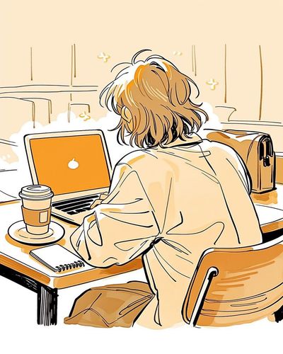 A cozy anime girl studies on her laptop in a warm café