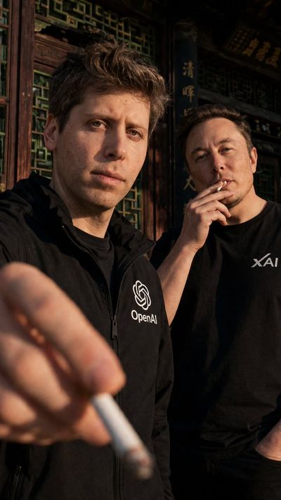 Golden Hour Portrait: Altman and Musk in Ornate Courtyard