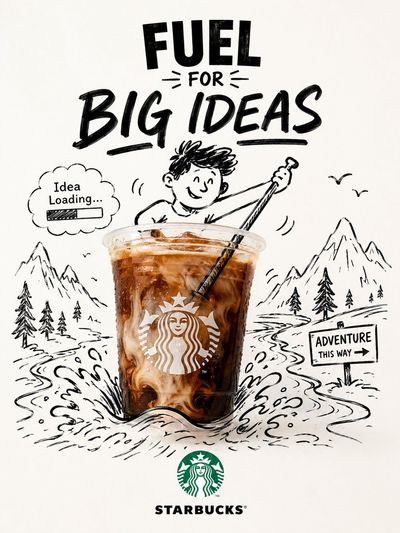 Hand-drawn doodle climbs real product in minimalist brand poster