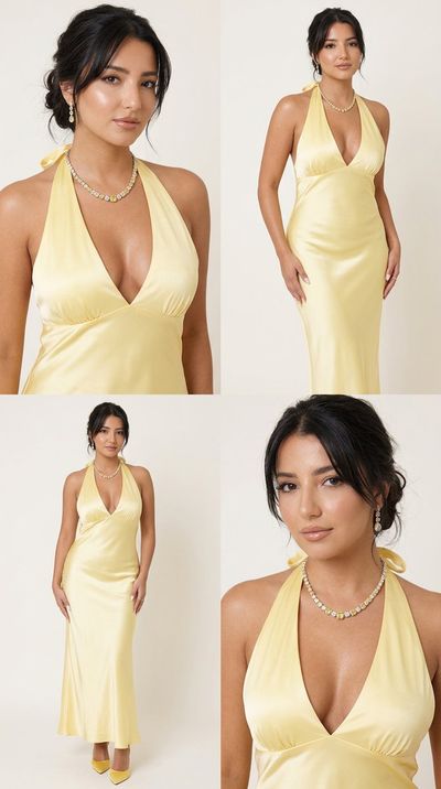 A serene model wears a luminous butter-yellow satin halter dress.