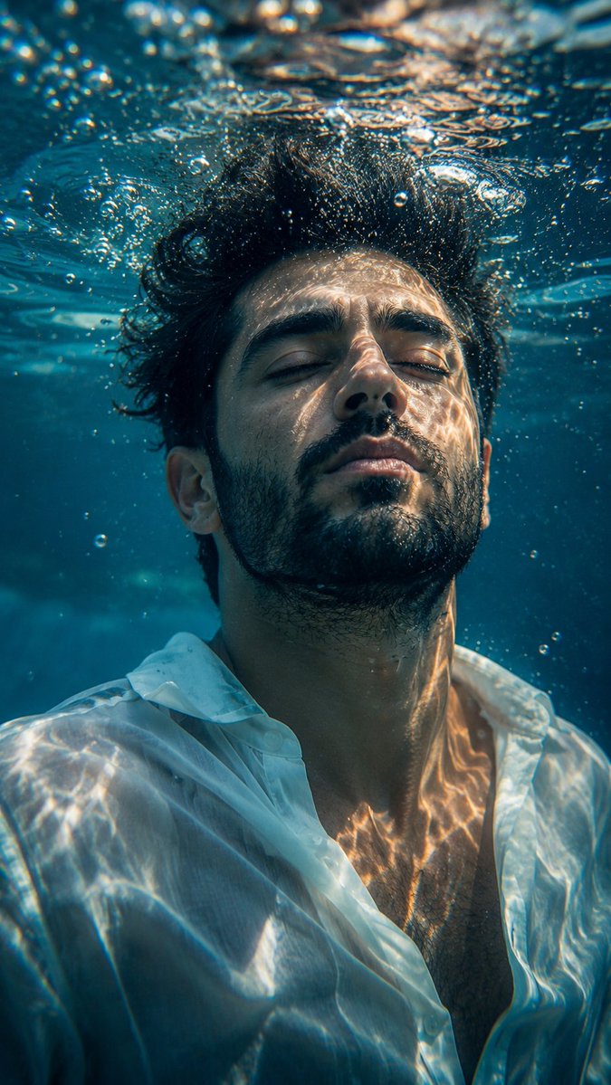 A young man floats peacefully beneath the ocean surface with sunlight