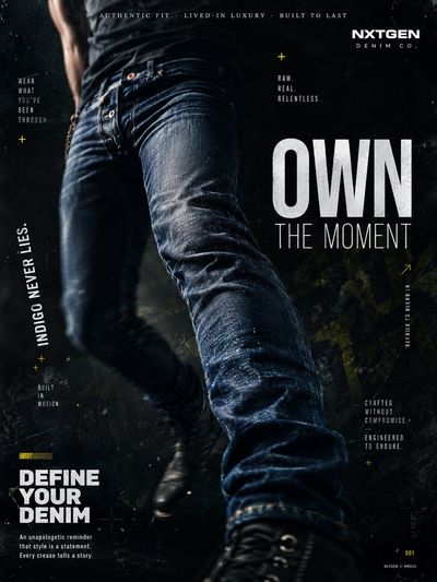 Man in raw denim strides through dark cinematic haze