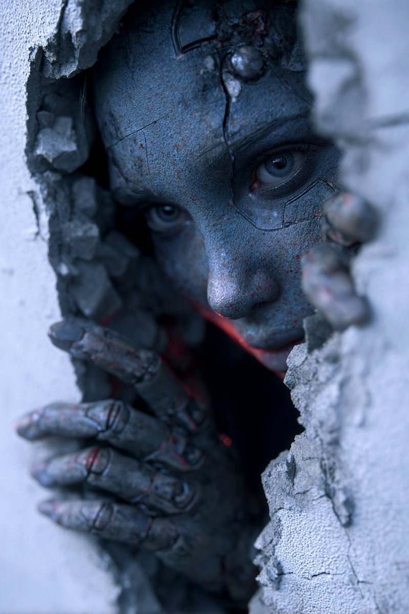 Half-Cyborg Woman Emerging from Cracked Concrete Wall