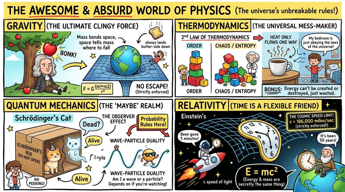 Bright comic infographic turns physics into a playful visual explainer