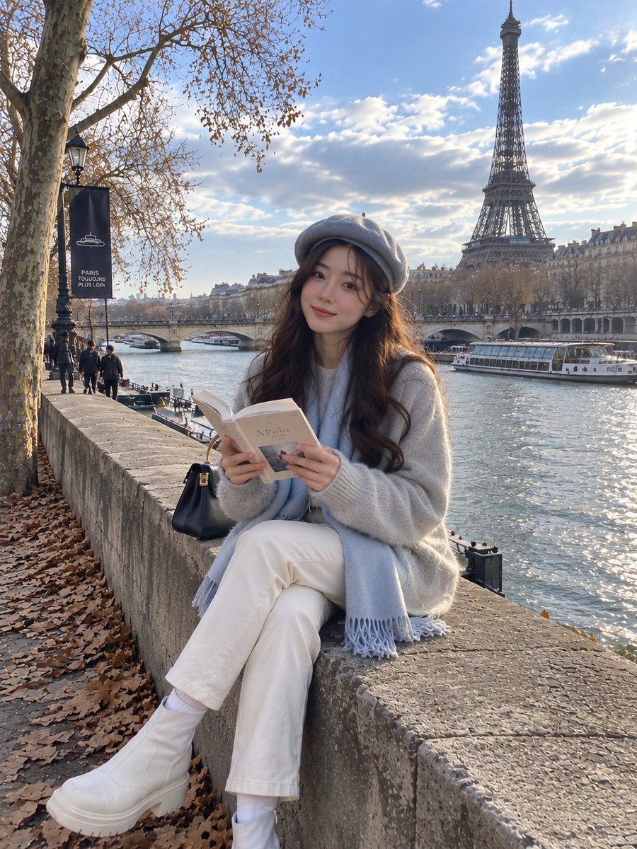 Woman with Vintage Motorcycle in Watercolor Travel Diary Style